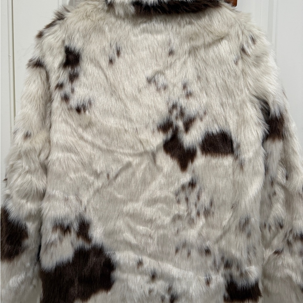 Ivory and Dark Brown Faux Fur faux cowhide Long Coat - Picture 5 of 5
